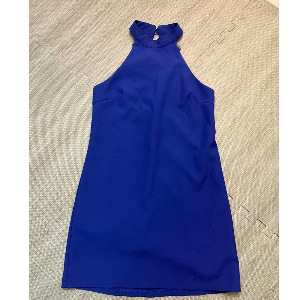 Lulus Royal Blue Halter Neck Lace Trim Open Back Shift Mini‎ Dress Womens Small
